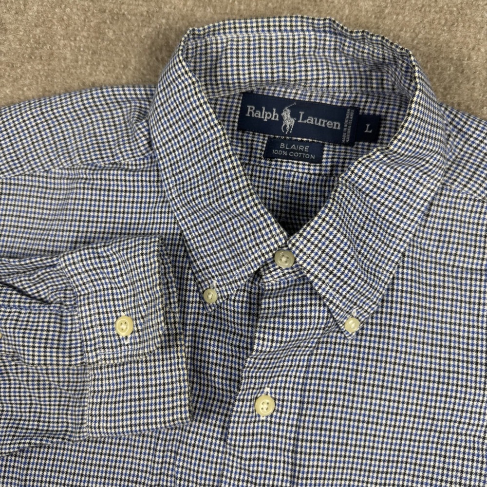 Ralph Lauren Button Down Shirt Blue Houndstooth Checkered Long Sleeve L